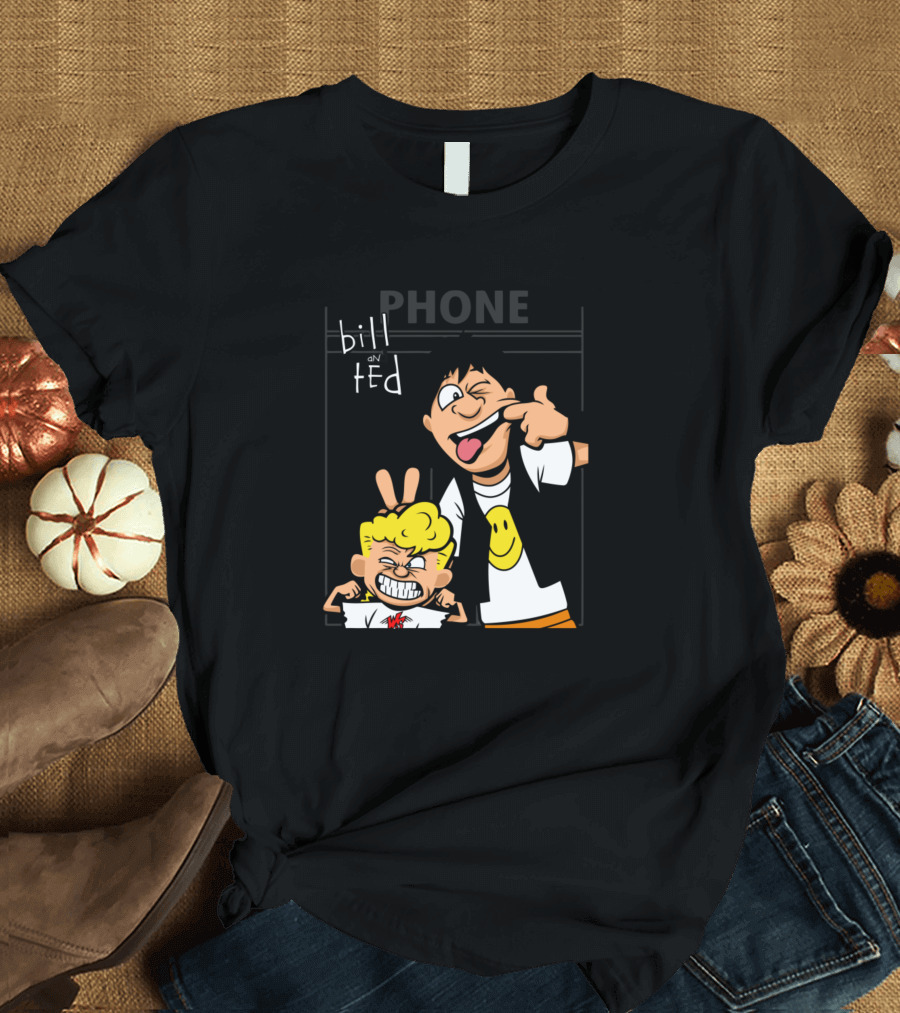 Bill And Ted Phone Booth Cartoon With Smiley Face T-Shirt