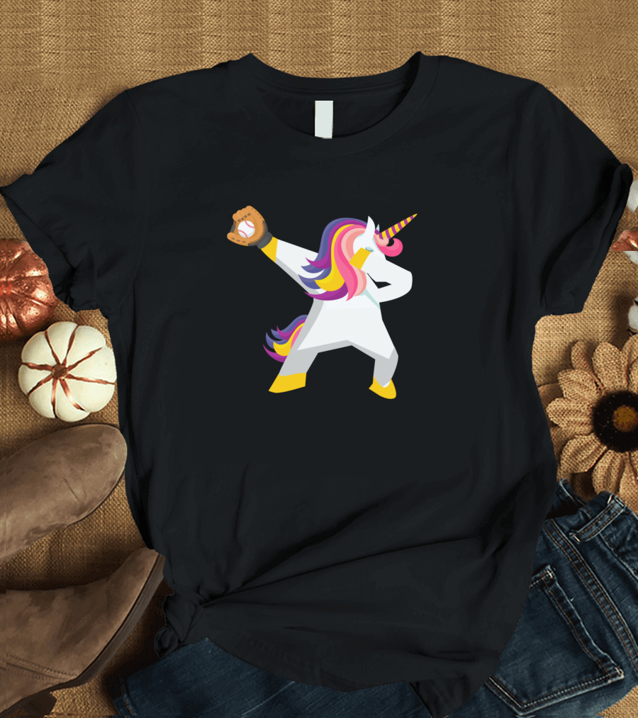 Unicorn Dabbing With Softball Glove Funny Dab Catcher T-Shirt