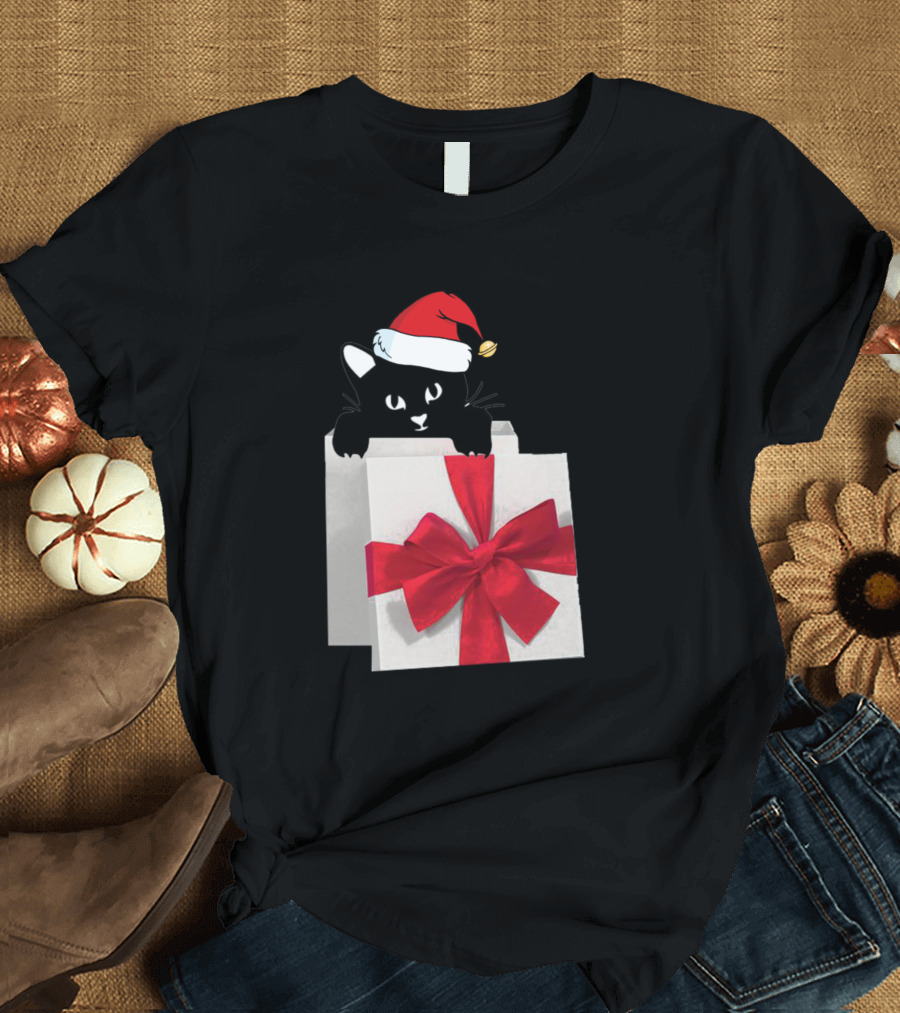 Black Cat Christmas Hat Present Funny Cat Lover T-Shirt