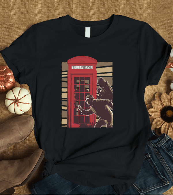 T-Shirt: Detective Silhouettes in Red Telephone Booth Scene T-Shirt Detective Silhouettes in Red Telephone Booth Scene T-Shirt