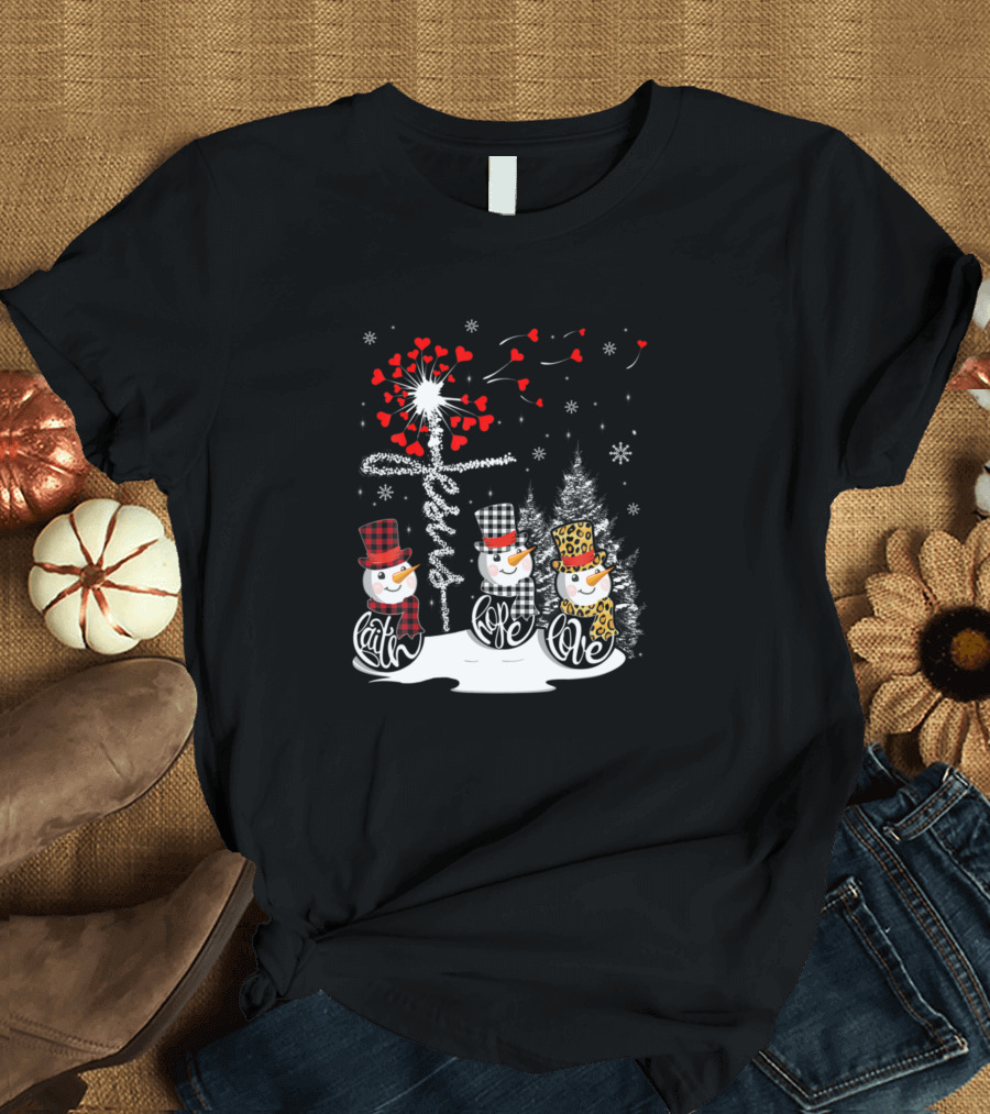 Faith Hope Love Snowman Jesus Xmas Tree Christian Hearts T-Shirt
