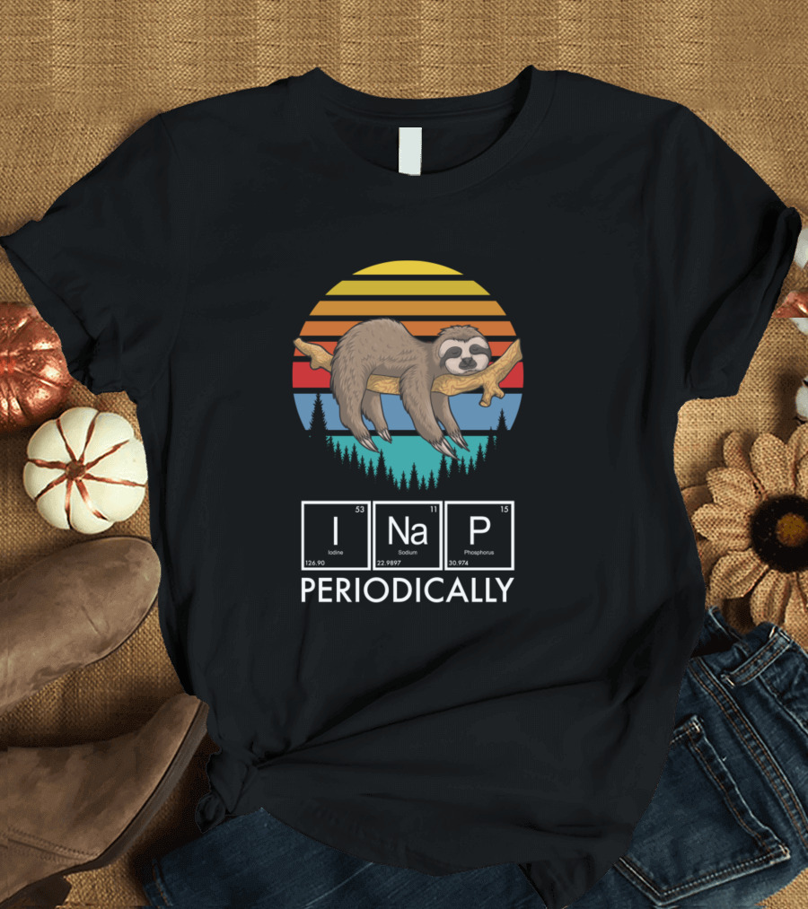 I Nap Periodically Sloth on Branch Over Striped Sunset with Periodic Table Elements T-Shirt