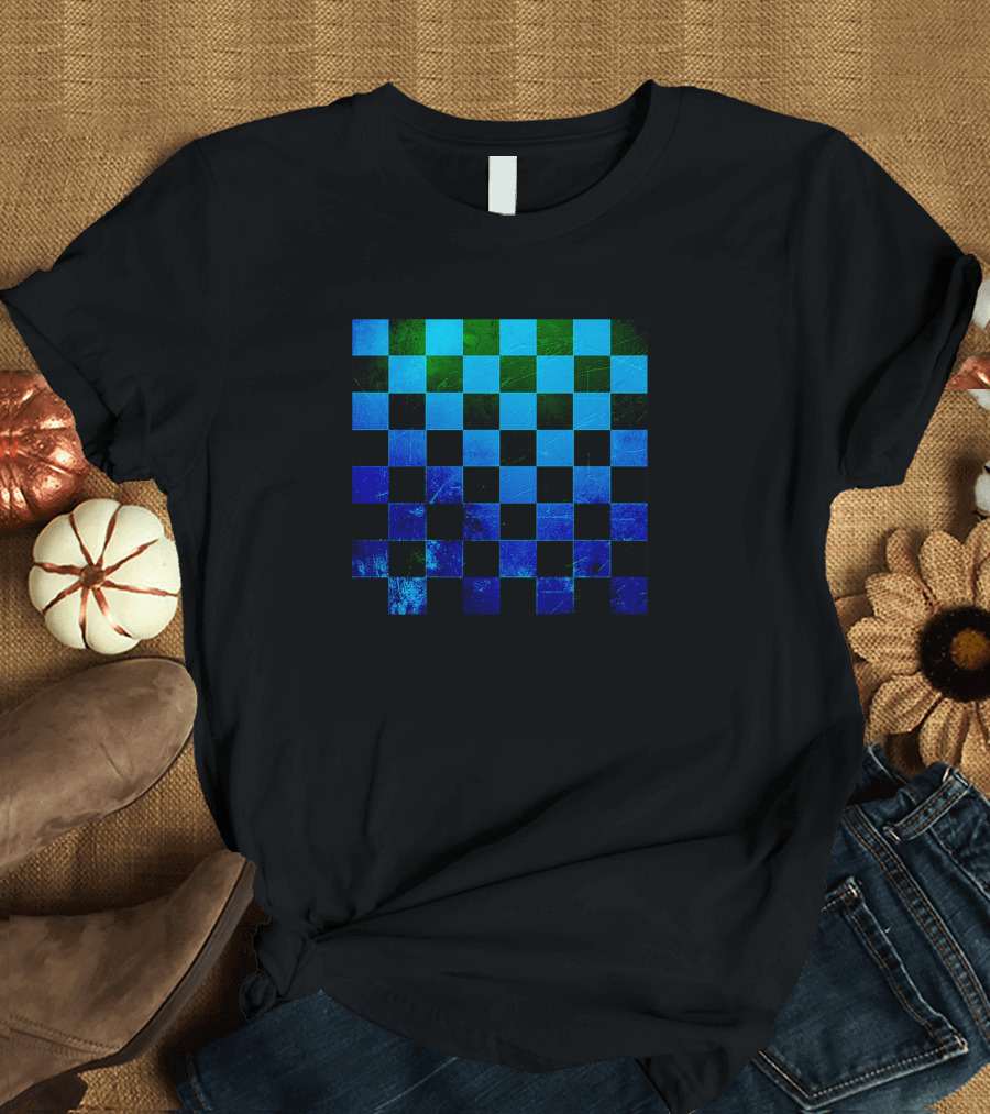 Ice Cold Chess Board Green Blue Checkered T-Shirt