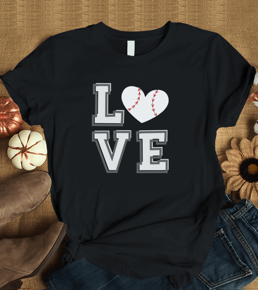 LOVE Baseball Heart Stitching Sports T-Shirt