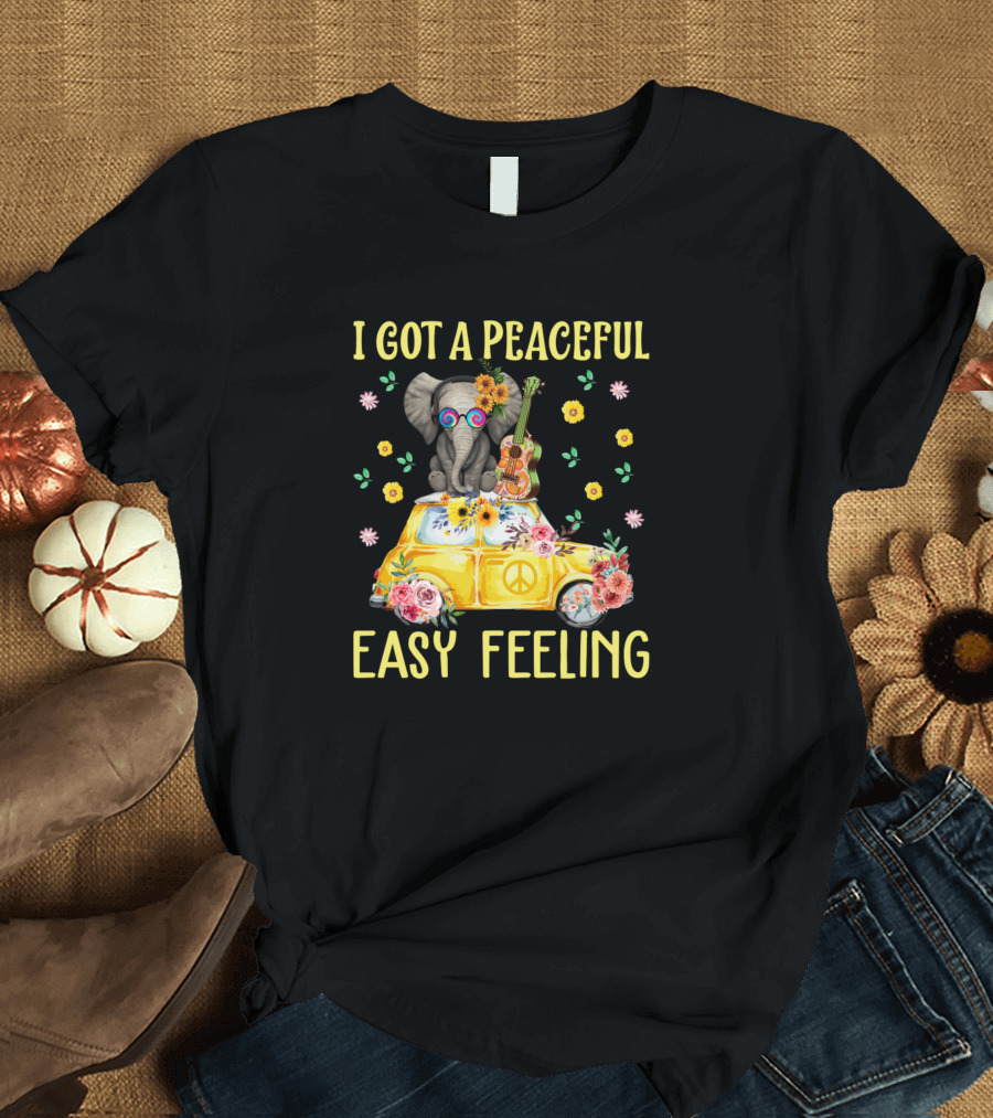 I Got a Peaceful Easy Feeling Elephant with Flowers and Guitar on Yellow Hippie Van T-Shirt