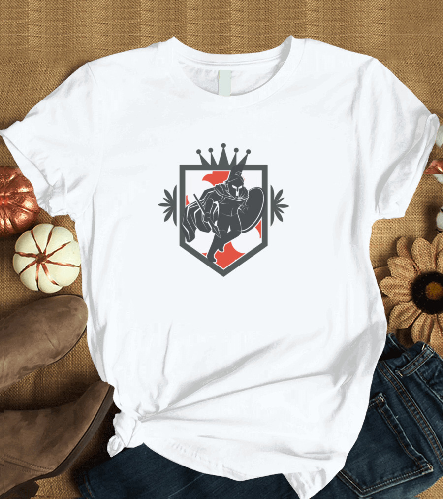 Knight Shield Emblem with Crown and Red Accents T-Shirt