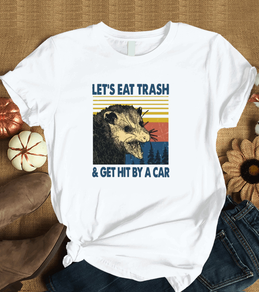 Opossum Let's Eat Trash and Get Hit by a Car Retro Style with Stripes and Trees T-Shirt