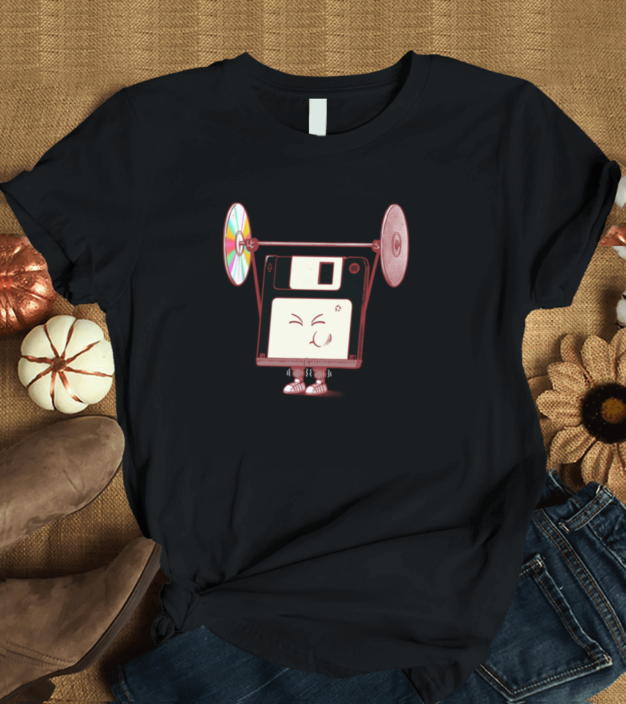 Floppy Disk Weightlifting with Retro Compact Discs T-Shirt