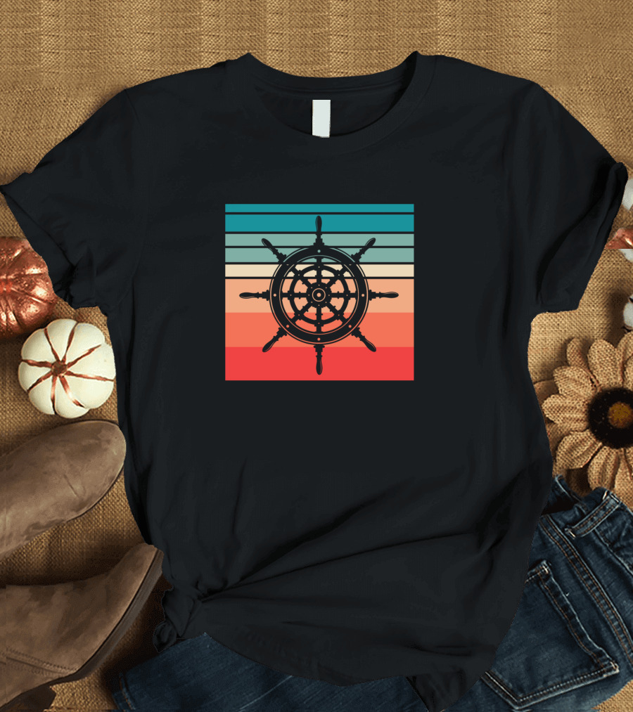 Retro Vintage Nautical Ship Wheel Stripes T-Shirt