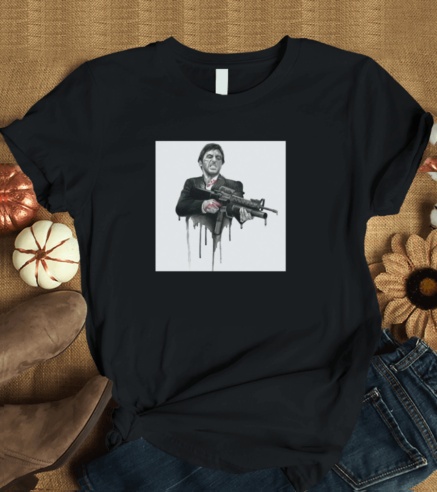 Scarface Tony Montana with Gun Dripping Paint Effect T-Shirt