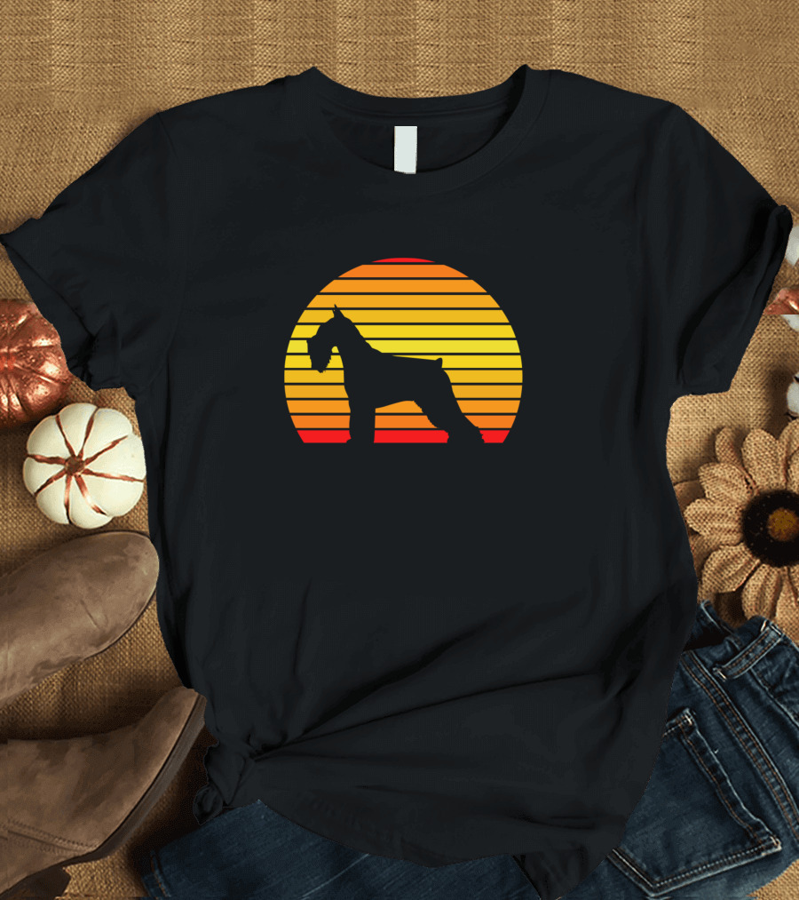 Schnauzer Silhouette Against Retro Sunset Stripes T-Shirt