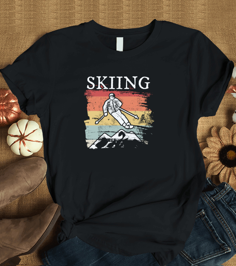 Skiing Retro Sunset Mountain Ski Jumper T-Shirt