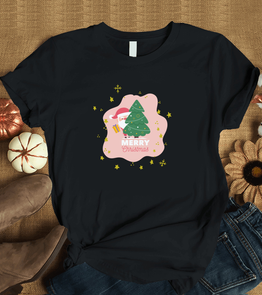 Merry Christmas Santa Tree and Stars T-Shirt