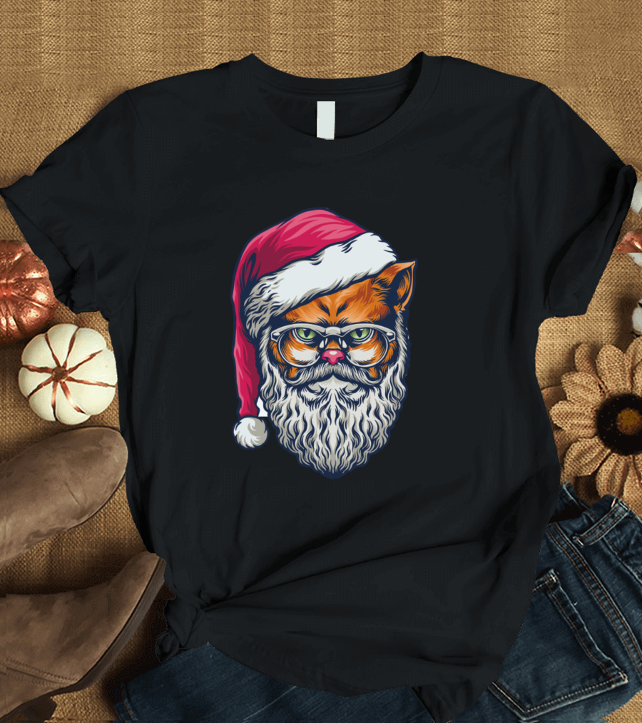 Wild Cat Merry Santa Cat With Beard and Glasses T-Shirt