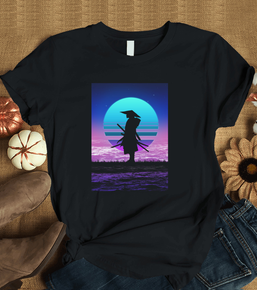 80S Samurai Retro Synthwave Sunset Scene T-Shirt