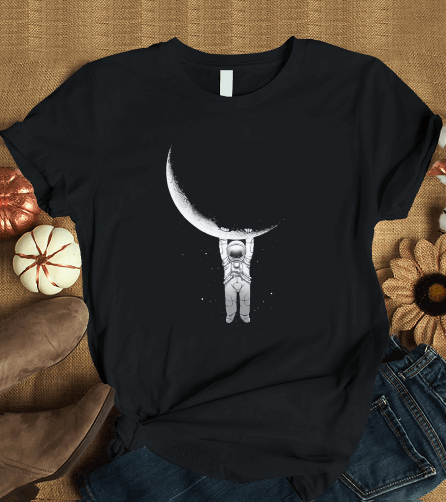 Astronut Space Astronaut Hanging from Crescent Moon T-Shirt