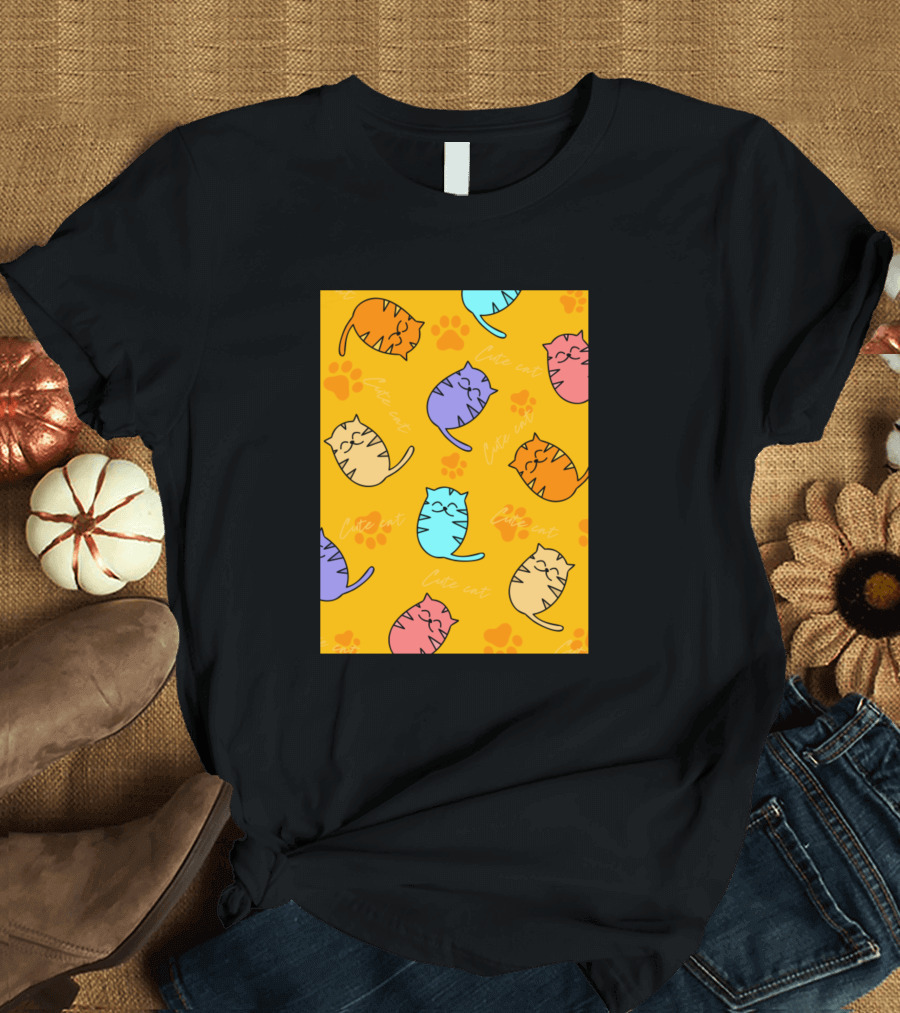Cute Cat Colorful Pattern Paws T-Shirt