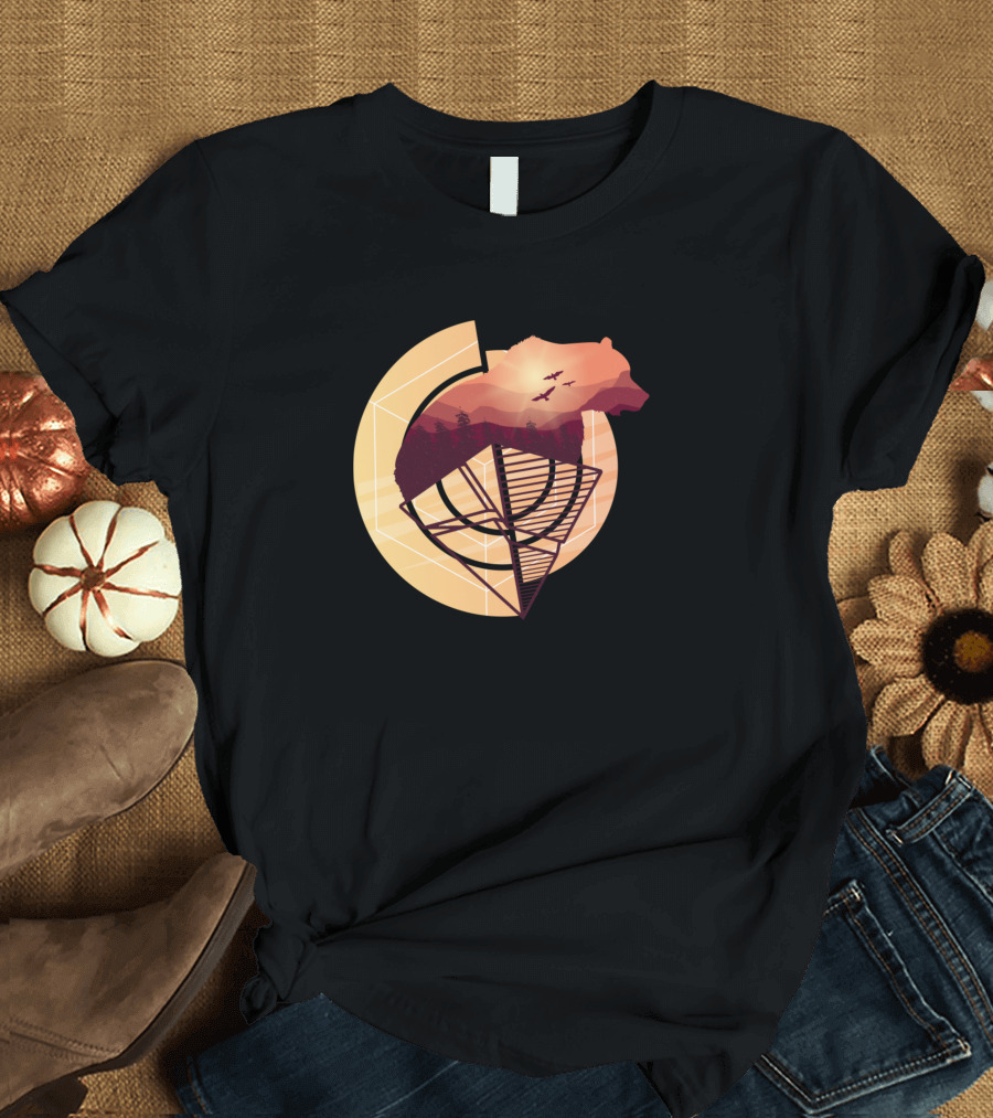 Geometric Bear Silhouette with Forest and Birds T-Shirt