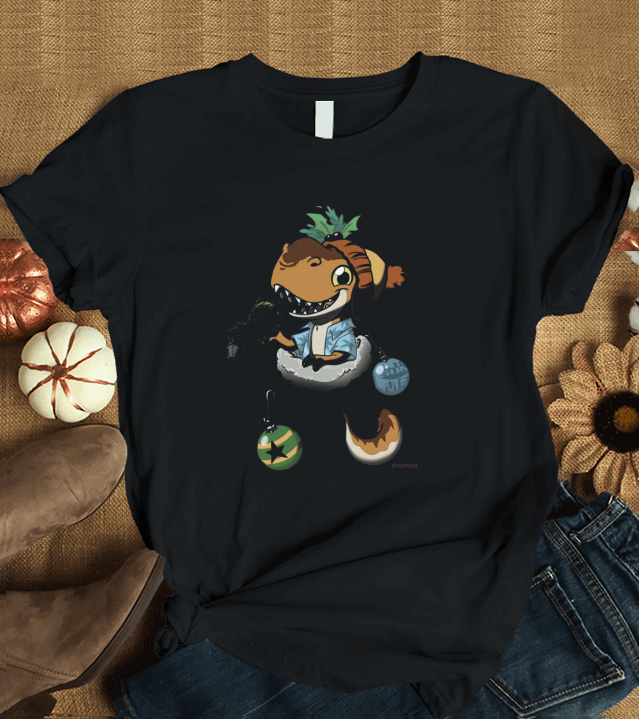 Stocking Stuffer Leafy Dinosaur with Festive Hat and Ornaments by Doomcat T-Shirt