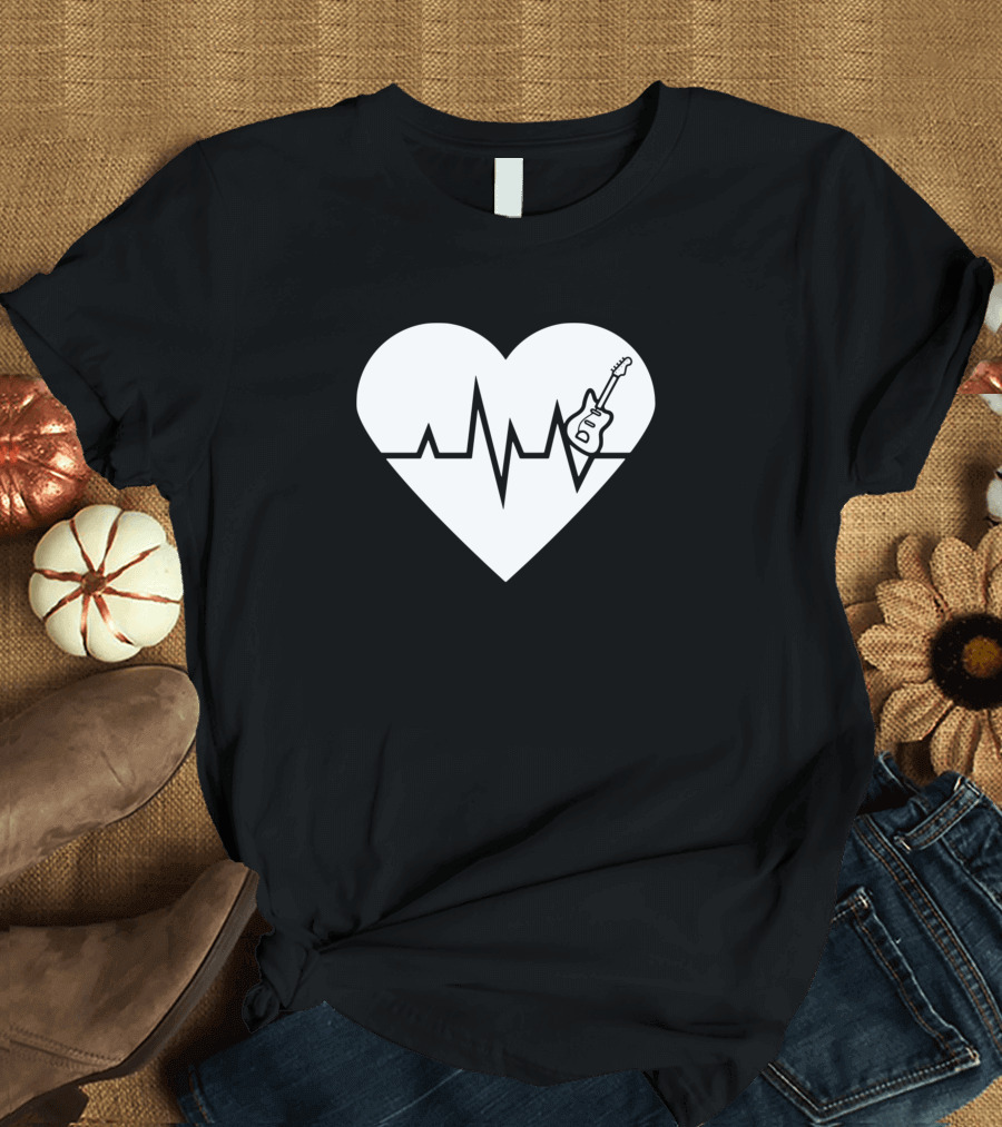 Acoustic Guitar Heartbeat Love Symbol with EKG and Guitar Motif T-Shirt