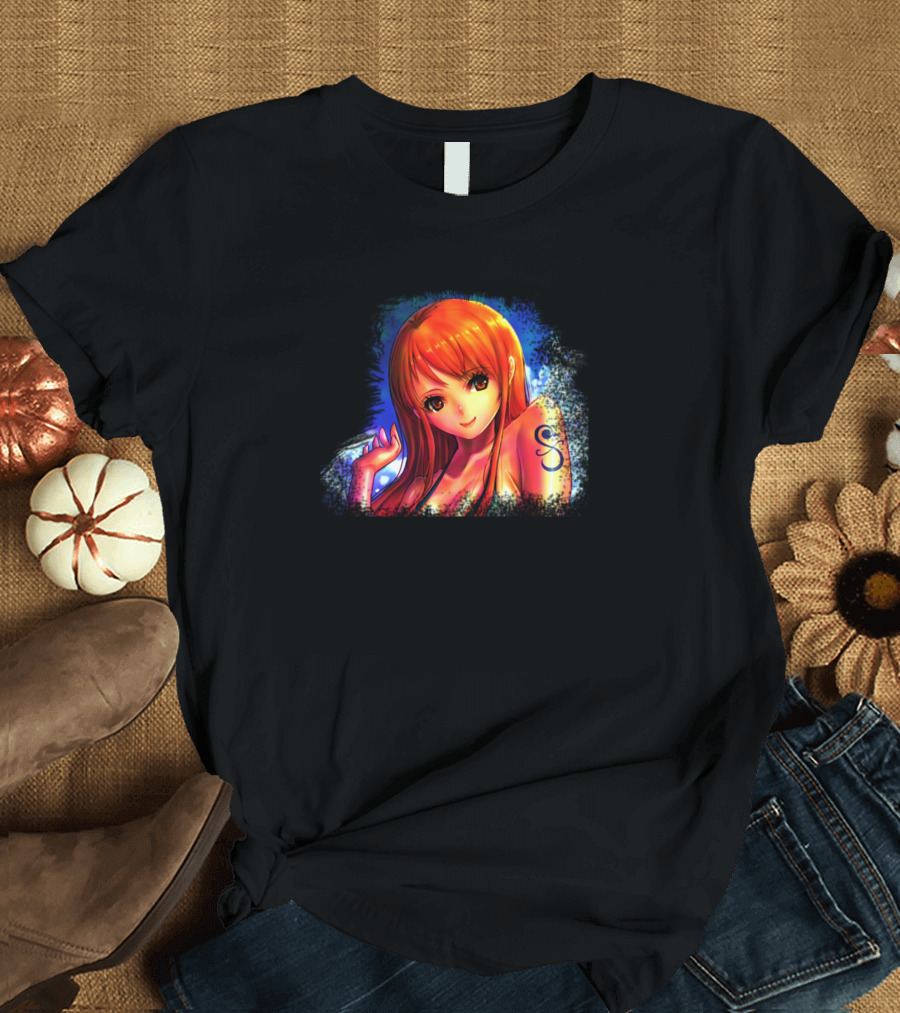 Anime Character with Long Orange Hair and Vibrant Background T-Shirt