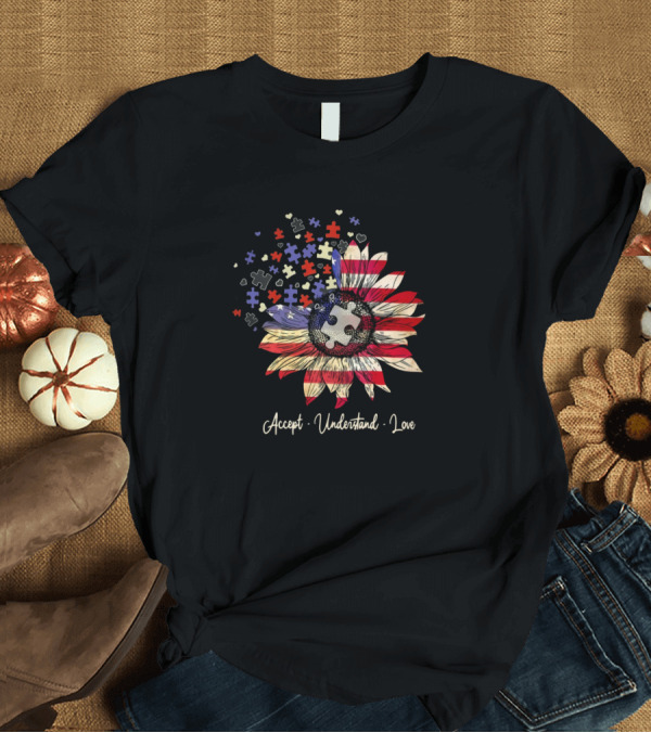 T-Shirt: Accept Understand Love Autism Sunflower Puzzle Flag Elements T-Shirt Accept Understand Love Autism Sunflower Puzzle Flag Elements T-Shirt