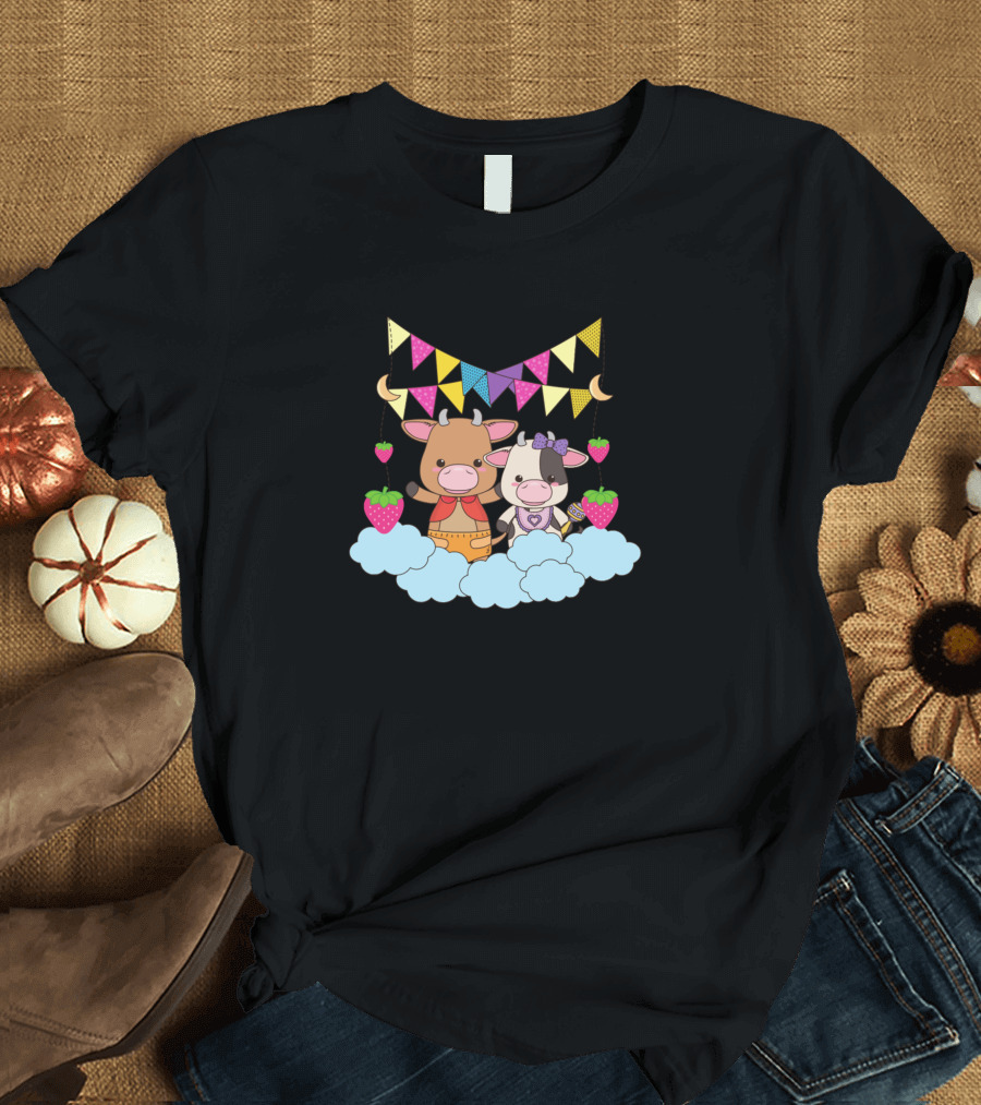 Cows Strawberry Cow Funny Birthday Bunting Clouds Strawb T-Shirt