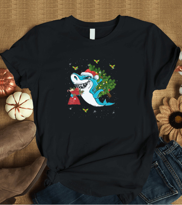 T-Shirt: Christmas Santa Shark with Tree and Candy Cane Sharkmas T-Shirt Christmas Santa Shark with Tree and Candy Cane Sharkmas T-Shirt