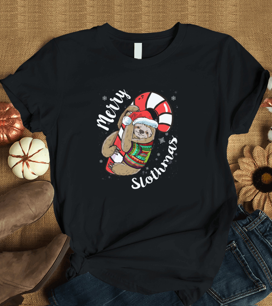 Merry Slothmas Sloth with Candy Cane Christmas Sweater Santa Hat T-Shirt