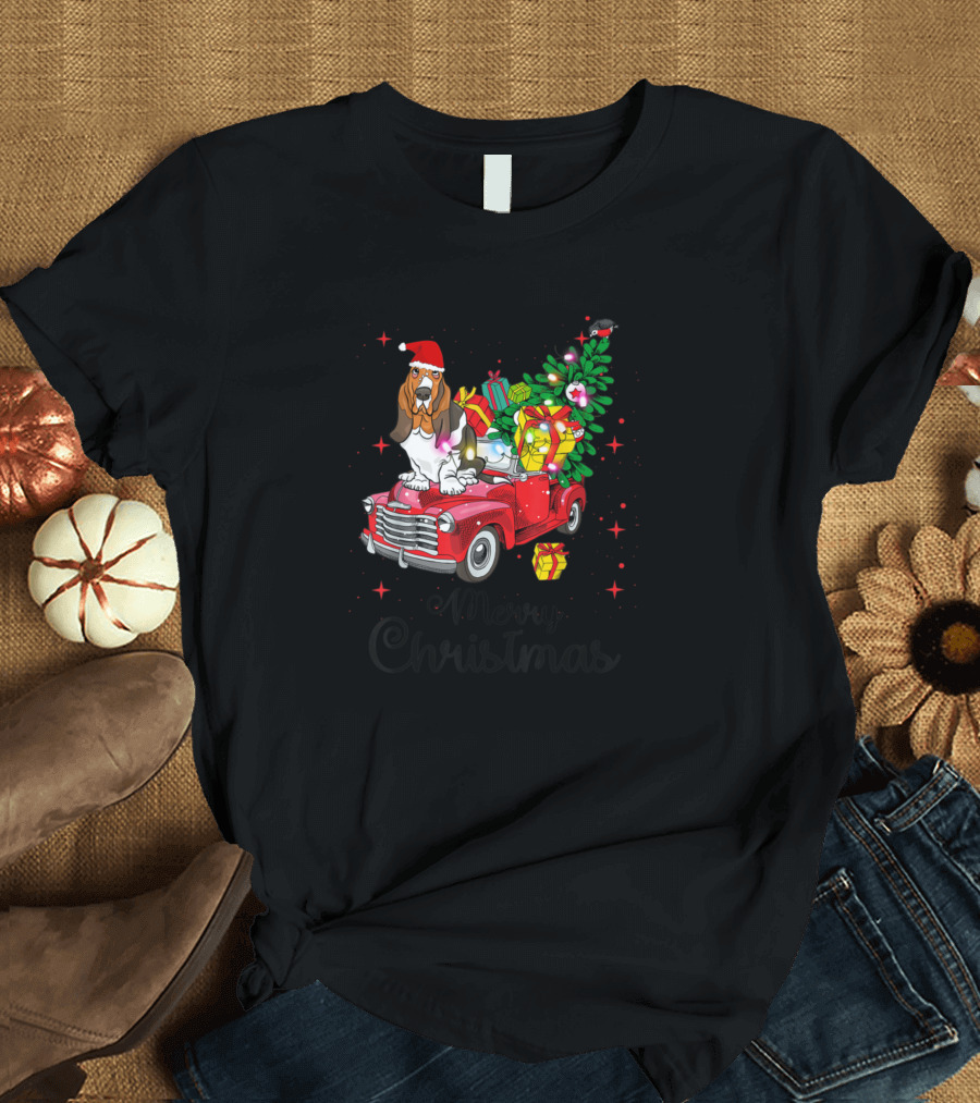 Merry Christmas Basset Hound Red Truck Santa Hat Holiday Gifts Tree T-Shirt