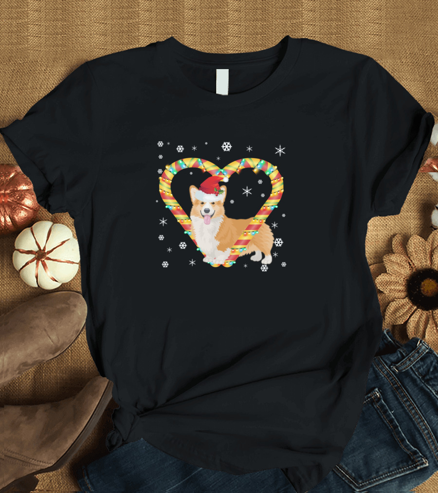Corgi with Santa Hat in Candy Cane Heart and Christmas Lights T-Shirt