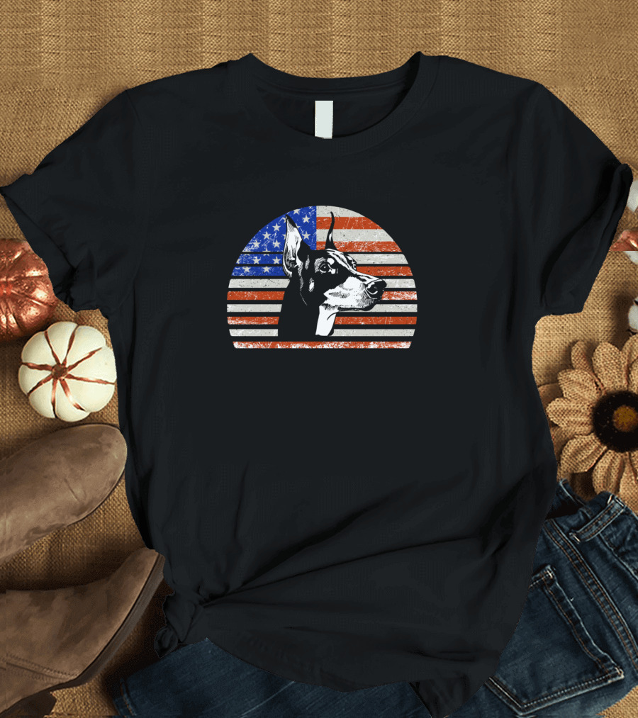Doberman Vintage Dog American Flag Doberman Dad T-Shirt