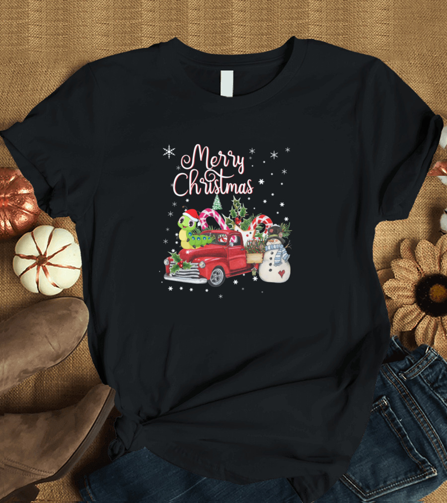 Merry Christmas Cat Red Truck Santa Hat Snowman Candy Canes T-Shirt