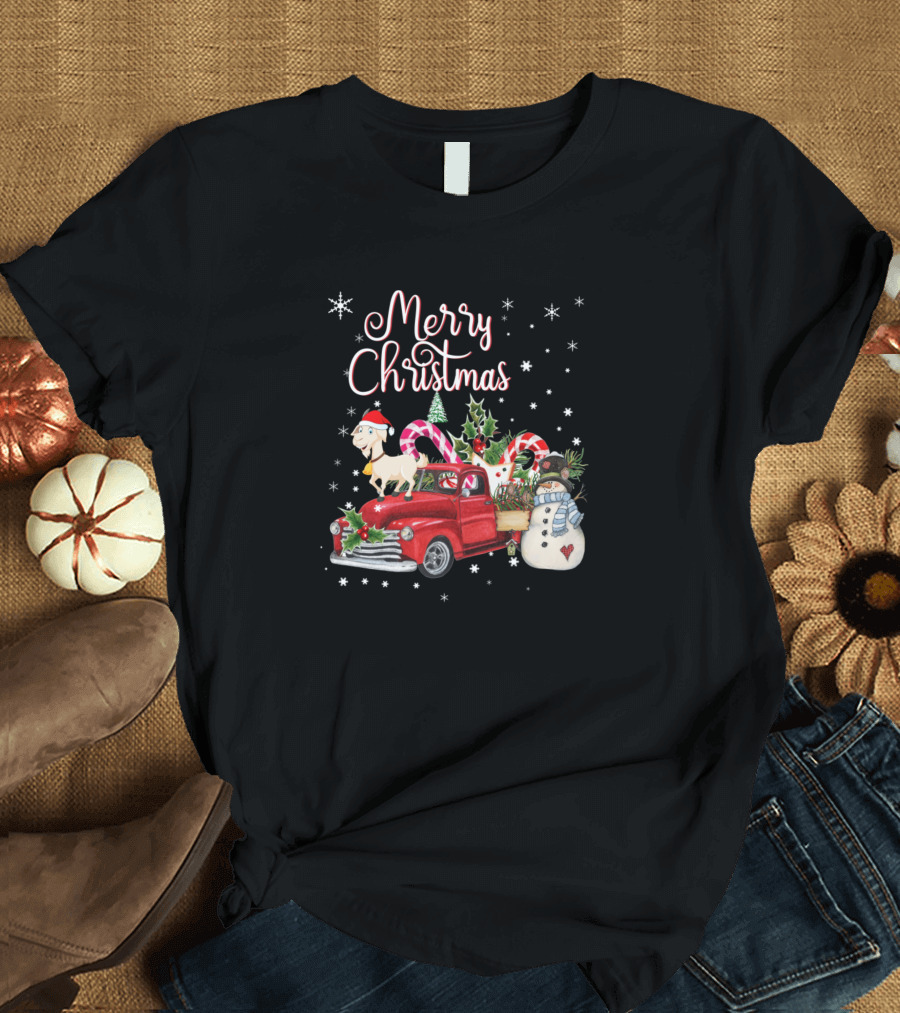 Merry Christmas Goat Riding Red Truck with Santa Hat Snowman and Candy Canes T-Shirt