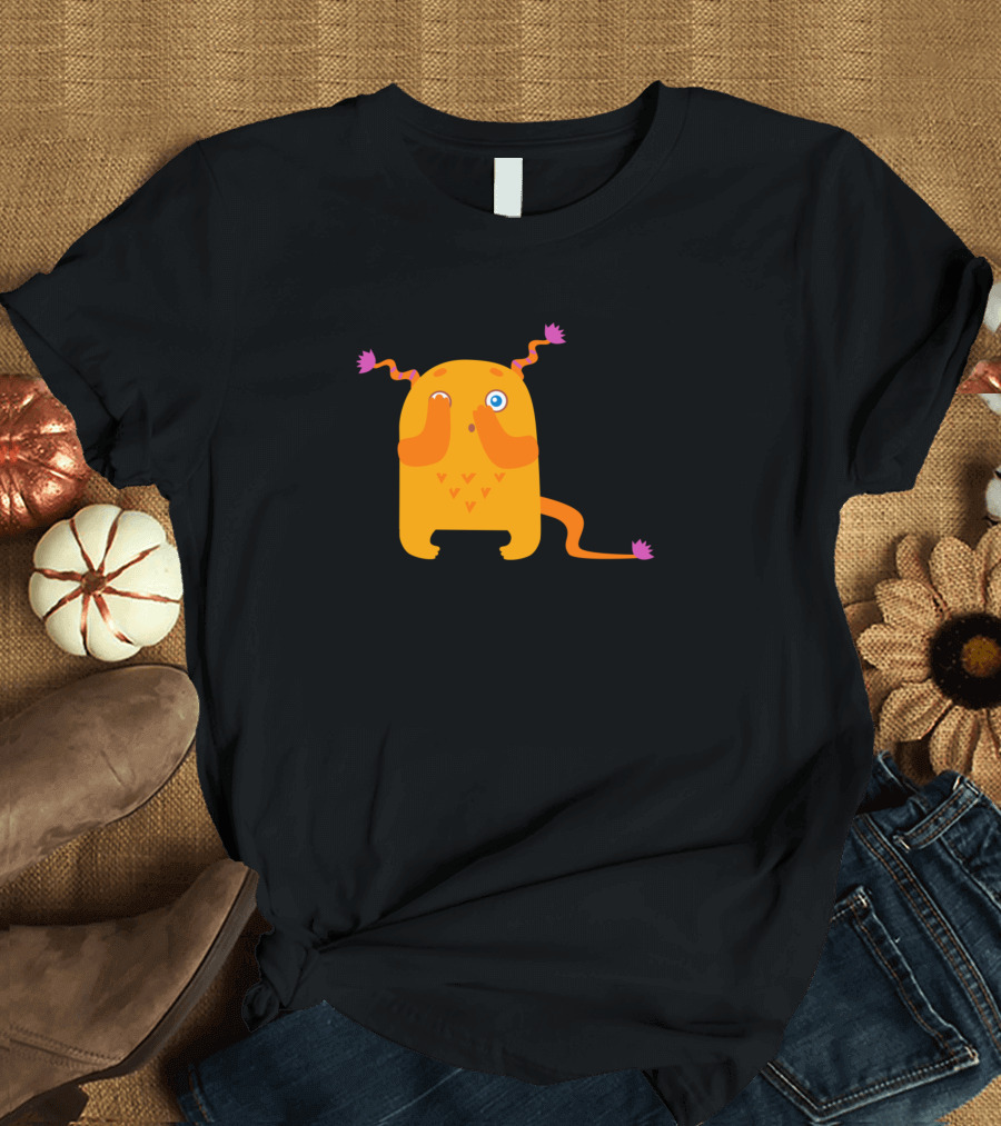 Monster Orange Cute Whimsical Creature with Wiggly Antennae and Heart Patches T-Shirt