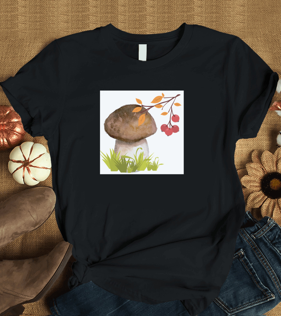 Mushroom And Red Berries With Leaves And Grass T-Shirt
