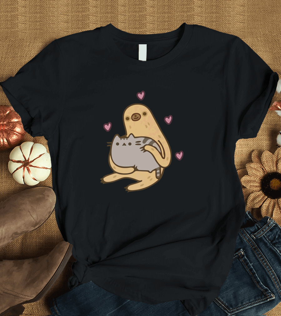 Sloth Cuddling Cat Surrounded by Hearts T-Shirt