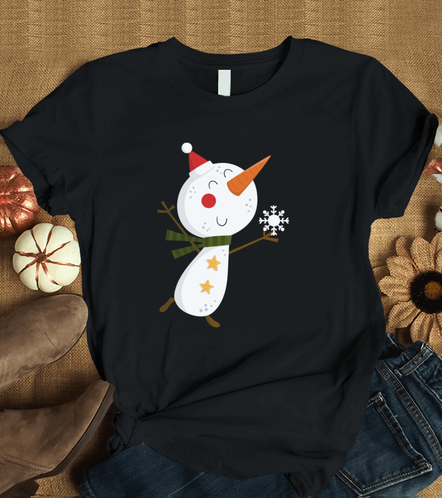 Snowman with Santa Hat Holding Snowflake and Green Scarf T-Shirt