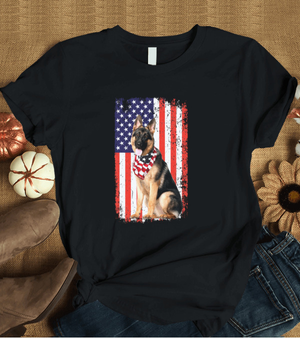 T-Shirt: American Flag German Shepherd Dog with USA Bandana T-Shirt American Flag German Shepherd Dog with USA Bandana T-Shirt