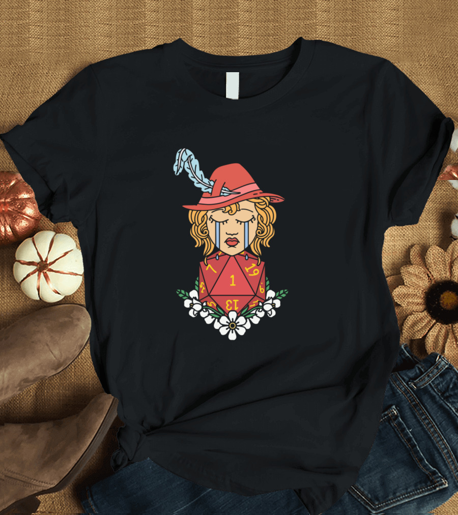 Bard In Tears Crying D20 Dice Face Hat Flowers T-Shirt