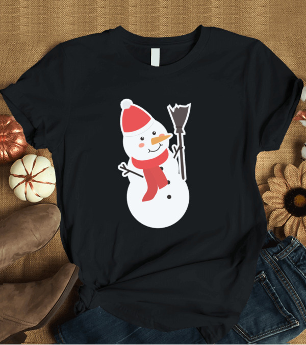 T-Shirt: Cartoon Snowman with Red Santa Hat and Scarf Holding Broom T-Shirt Cartoon Snowman with Red Santa Hat and Scarf Holding Broom T-Shirt