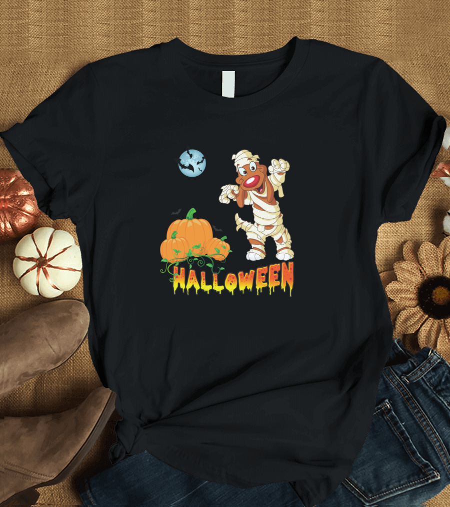 Halloween Dog Mummy with Pumpkins and Moon Scene T-Shirt