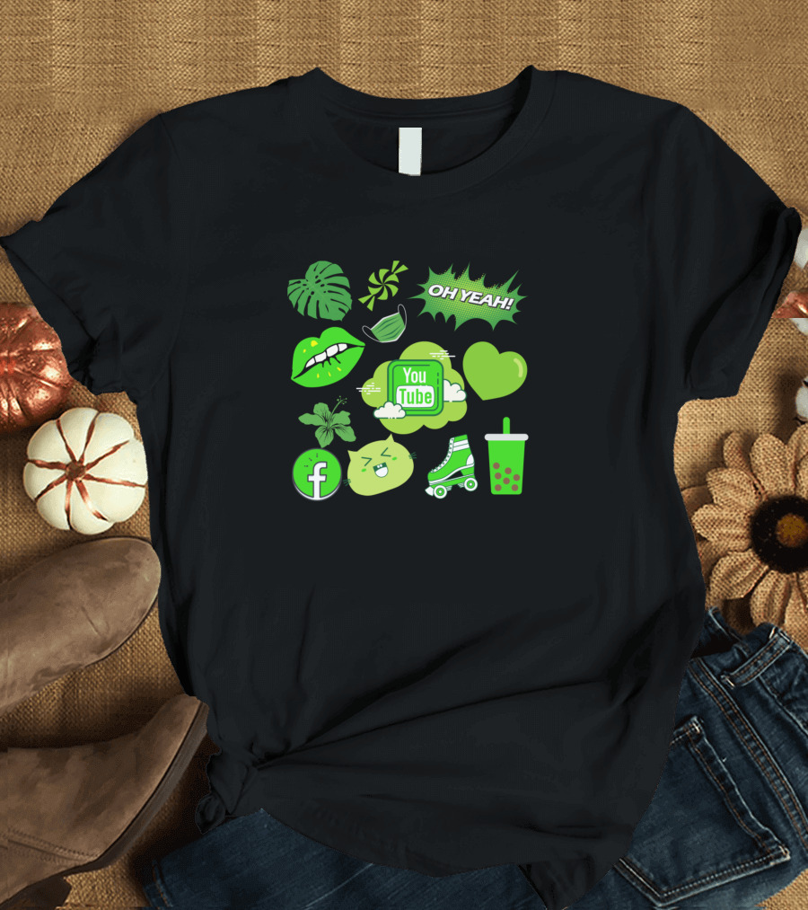Green Madness Oh Yeah YouTube Facebook Bubble Tea Roller Skate Icons T-Shirt