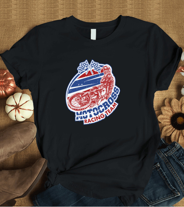 T-Shirt: Motocross Racing Team Red White Blue Rider Checkered Flags T-Shirt Motocross Racing Team Red White Blue Rider Checkered Flags T-Shirt