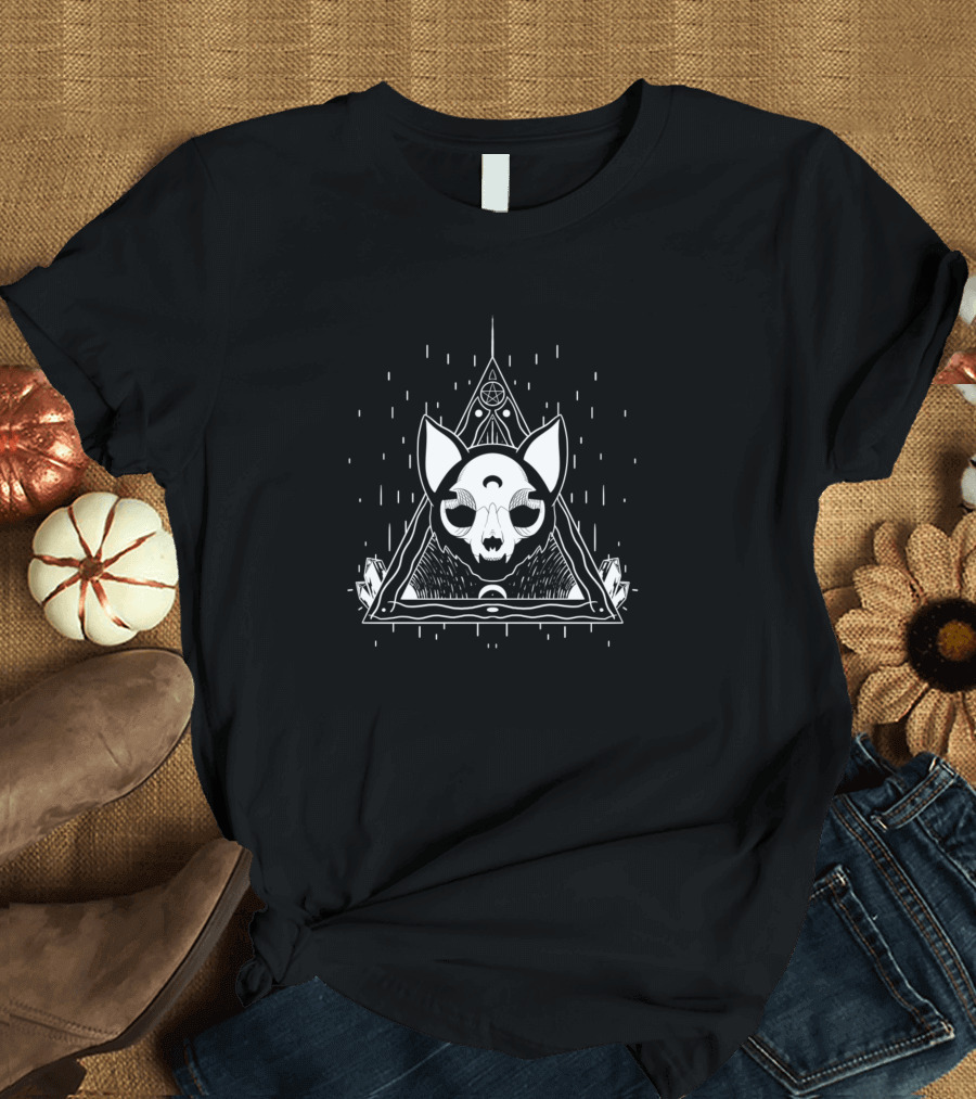 Occult Cat Skull in Mystical Geometric Triangle with Crystal Elements T-Shirt