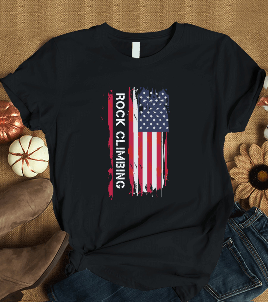 Rock Climbing USA Flag Patriotic T-Shirt