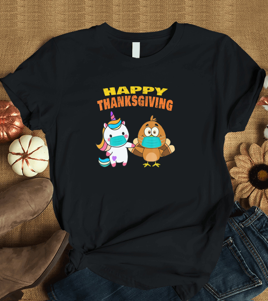 Thanksgiving Kids Girls Cute Unicorn and Turkey Masks T-Shirt