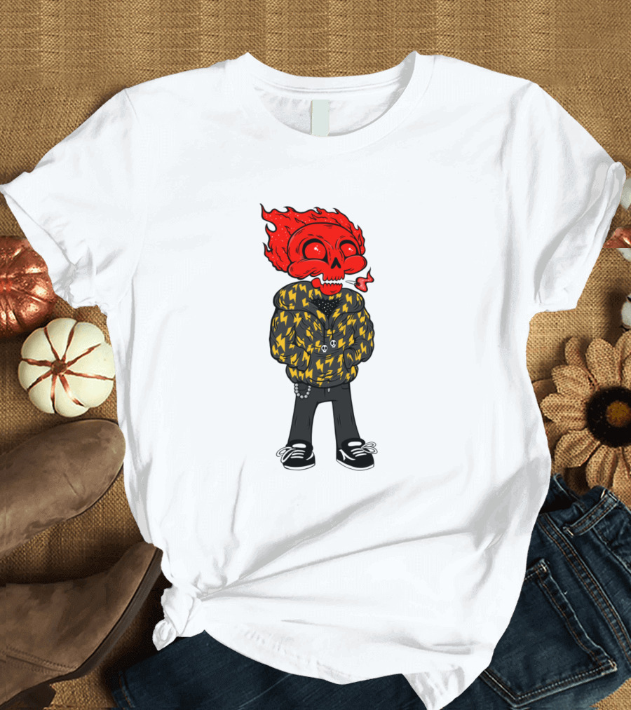2666 Skull Dude in Red Flame Head with Lightning T-Shirt