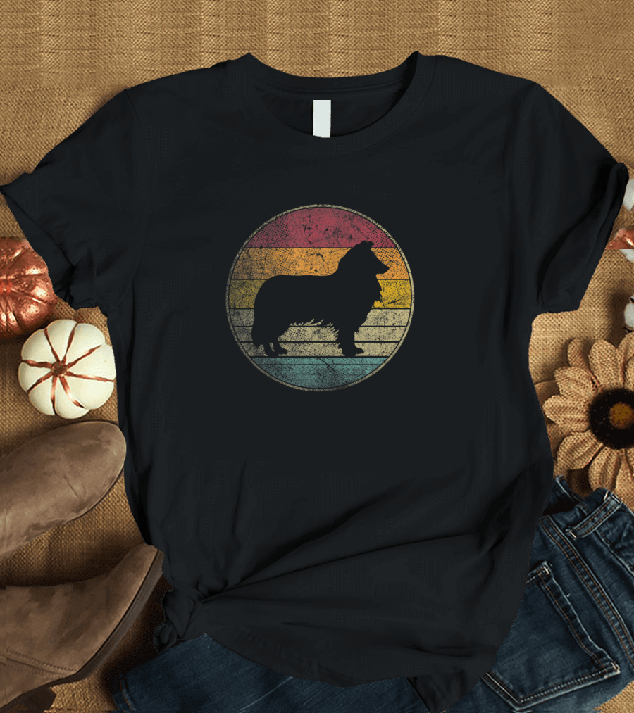 Vintage Distressed Border Collie Dog Silhouette Retro Stripes T-Shirt