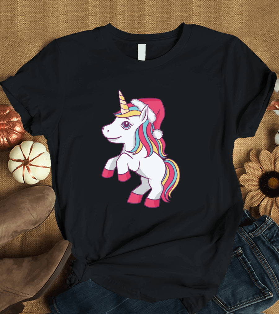 Cute Christmas Unicorn with Santa Hat and Colorful Mane T-Shirt